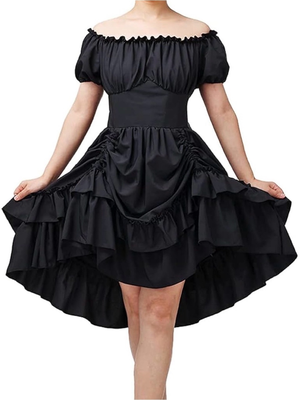 Black Gothic Steampunk Victorian Ruffled High Low Dress Women L Costume